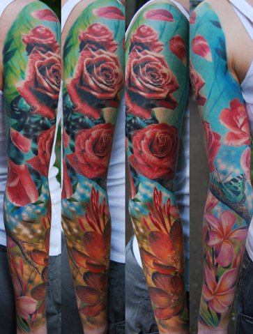 real colorful roses sleeve tattoo design